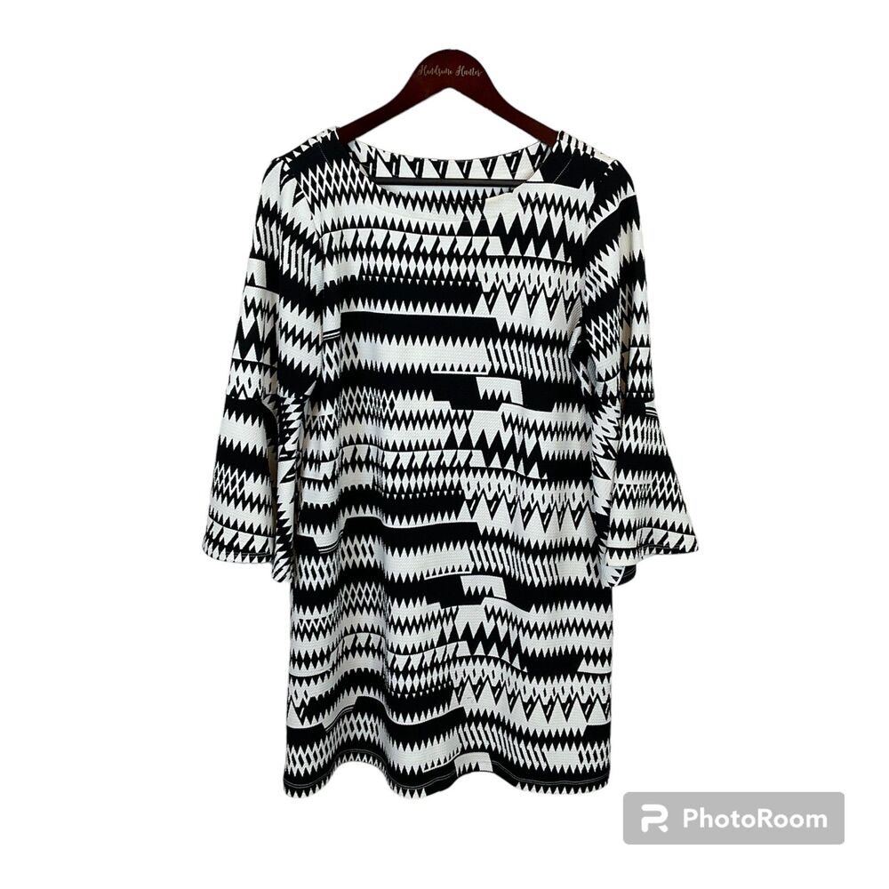 Uncle Frank M Black White Mini Dress Aztec Geometric Bell Sleeve Sheath R3